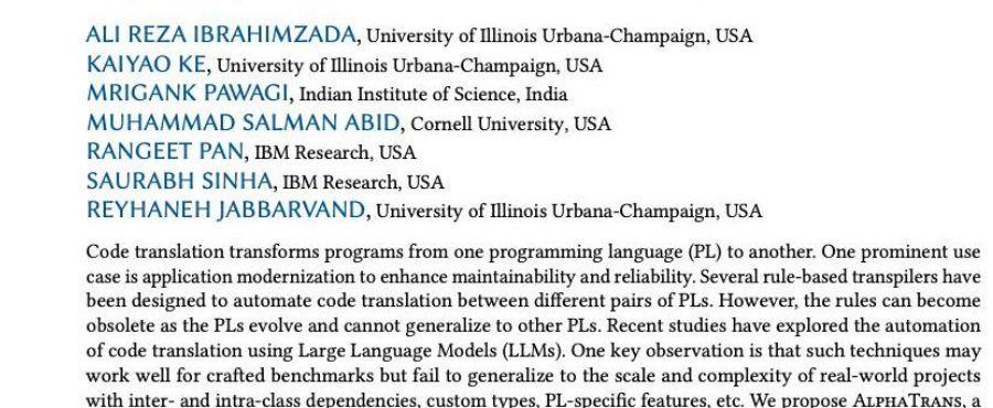 Research Paper Snippet for AlphaTrans: A Neuro-Symbolic Compositional Approach for Repository-Level Code Translation and Validation