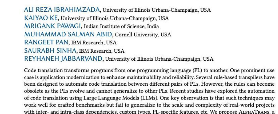 Research Paper Snippet for AlphaTrans: A Neuro-Symbolic Compositional Approach for Repository-Level Code Translation and Validation